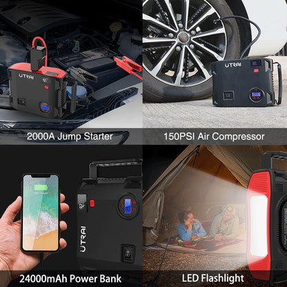 J3 UTRAI  2000A  Power Bank 12V Digital Jump Starter with 150PSI Air Compressor.